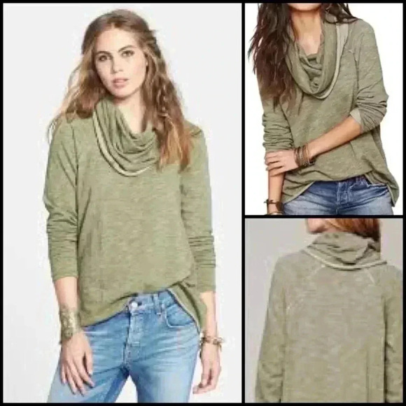 Free People ‘Beach Cocoon’ Cowl Neck Pullover Heathered Olive Exposed Seam Top S - Picture 1 of 11